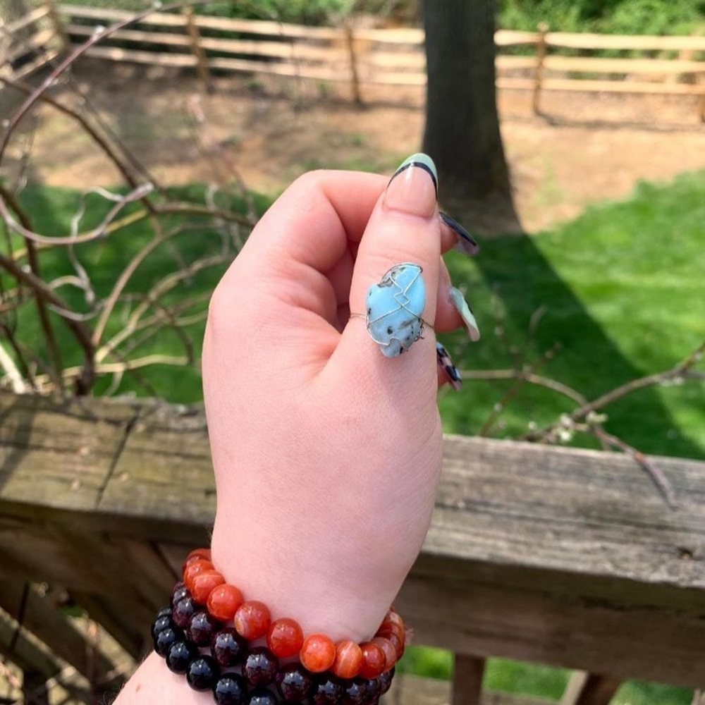 Larimar wire wrapped crystal gemstone ring